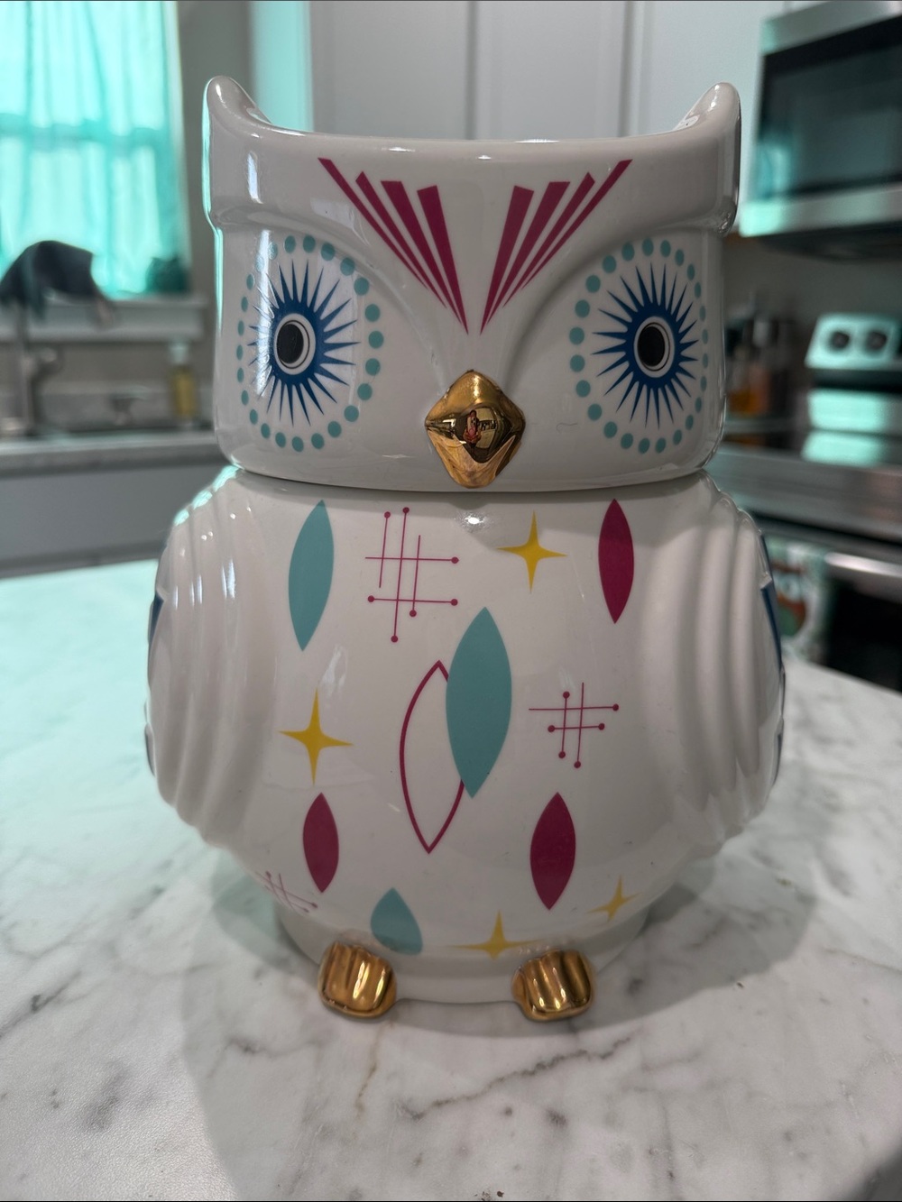 Cracker Barrel White Ceramic Owl Cookie Jar with Colorful Mid-Century Pattern